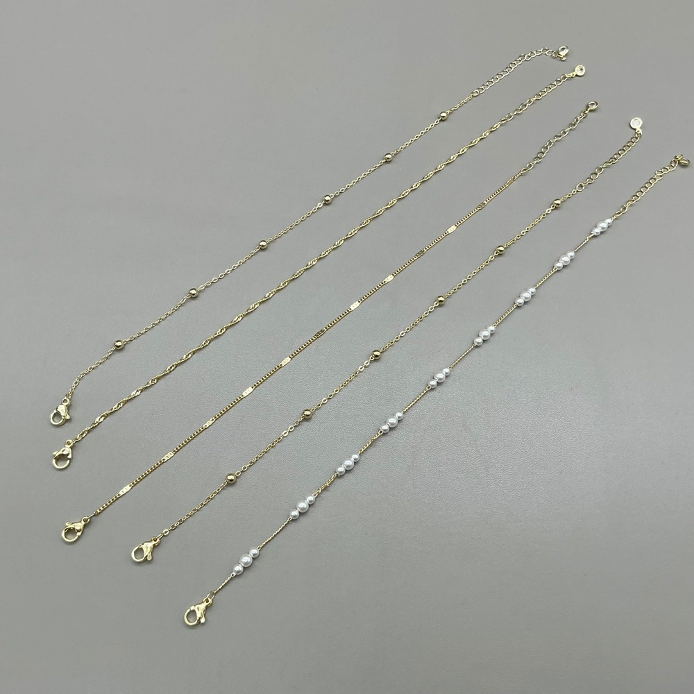Anklets Women Gold Tone Faux Pearl Bead Chain Link Beach Jewelry Set Of 5